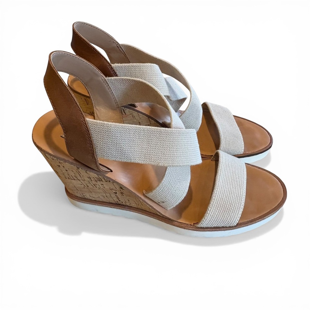 Steve Madden Women's 8.5 Neutral Elastic Strap Cork Wedge Sandals‎ Beige Brown